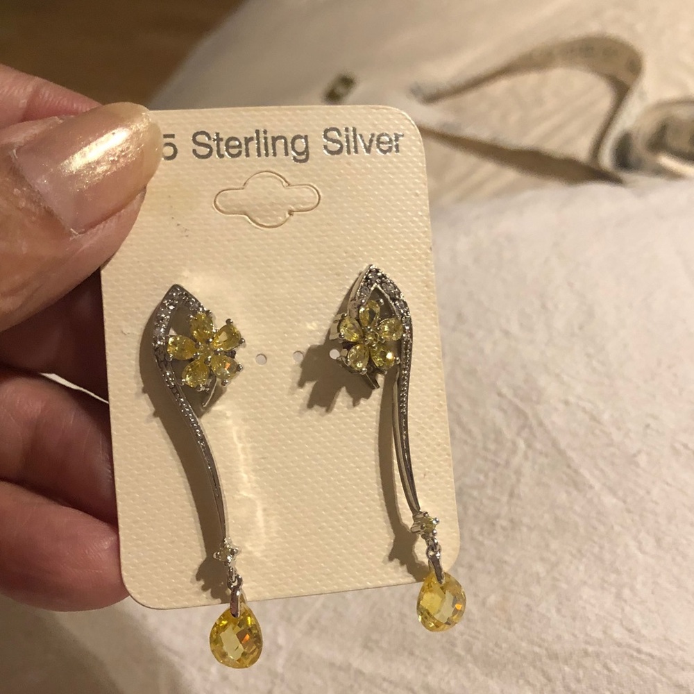 Sterling Silver Yellow Teardrop Dangle Earrings - Floral Accent